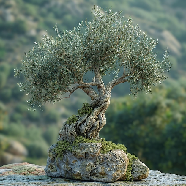 a tree with moss growing on it is on a rock