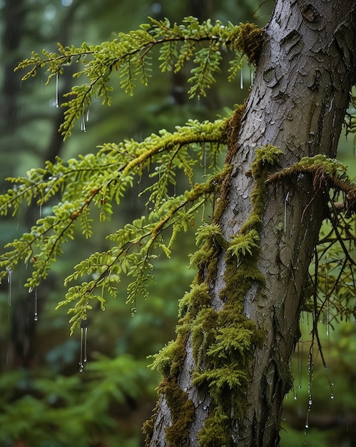 a tree with moss on it and a green tree with a blurry background