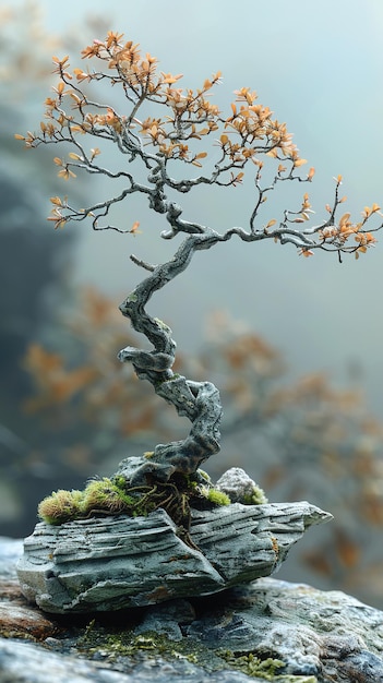 a tree with moss on it is on a rock