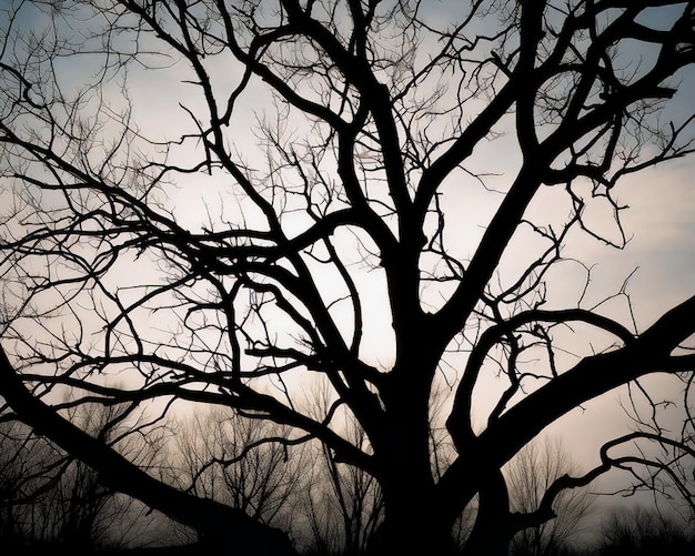 A tree with no leaves and the sky is dark and the sun is setting