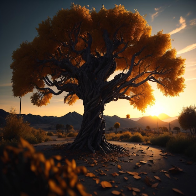 A tree with orange leaves and the sun setting behind it