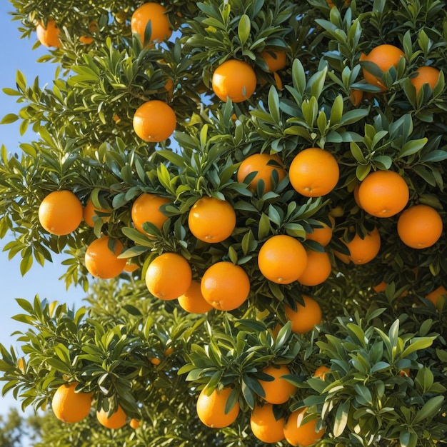 Photo tree with oranges and green leaves against a clear blue sky background