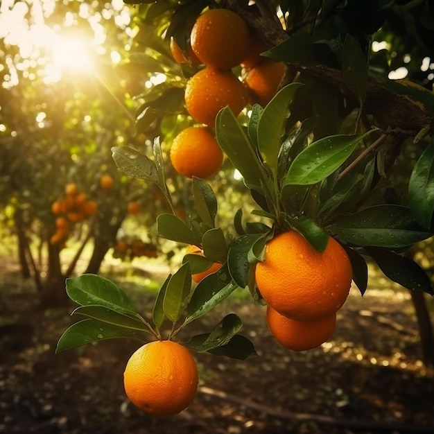 A tree with oranges on it and the sun shining through the leaves.