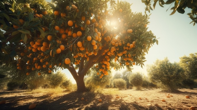 A tree with oranges on it that is in a field