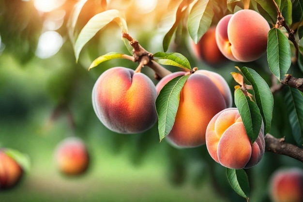 a tree with peaches on it and the sun shining through the leaves