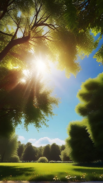 a tree with a person standing under a sun with the sun shining through the trees ai generated