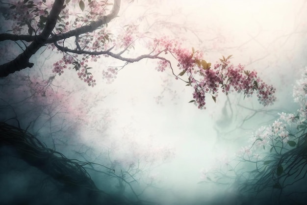 A tree with pink flowers in the fog