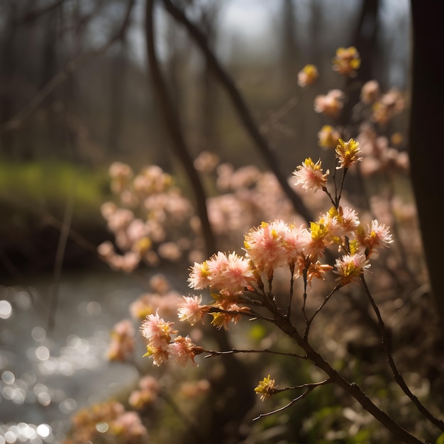 A tree with pink flowers in the foreground and a river in the background.