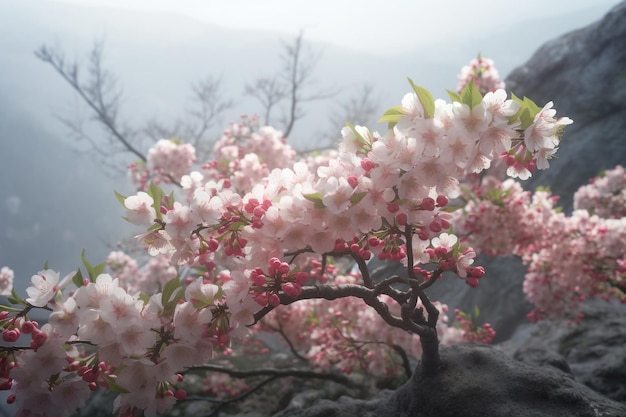 A tree with pink flowers in the foreground