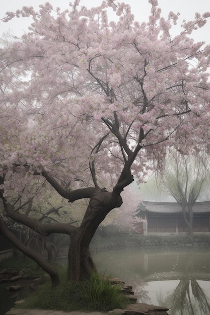 A tree with pink flowers in front of a small building