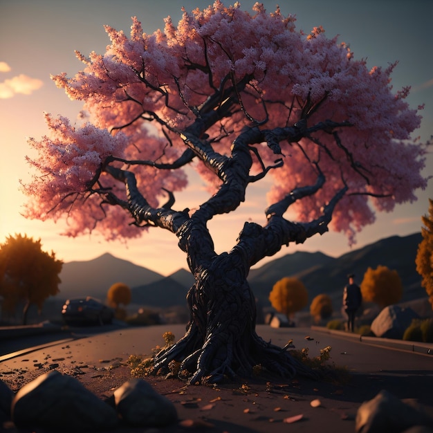 A tree with pink flowers is on a road.