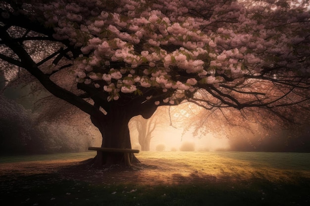 A tree with pink flowers in the middle of the picture