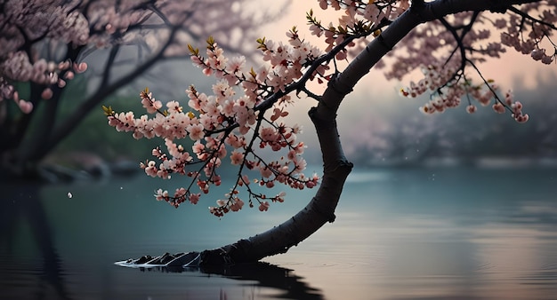 a tree with pink flowers in the water