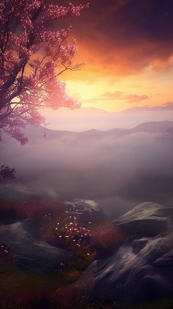 Photo a tree with a pink sky and a mountain in the background