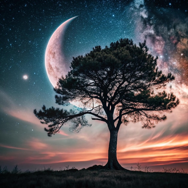 a tree with a planet and a moon in the background