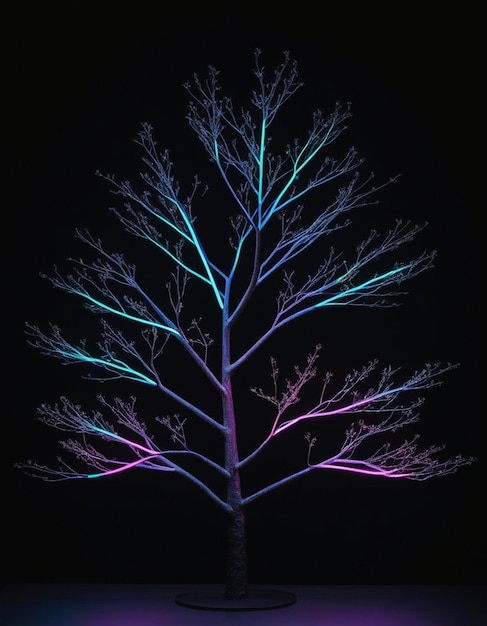 Photo a tree with purple and blue lights is lit up