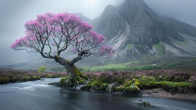 a tree with purple flowers on it is in front of a mountain