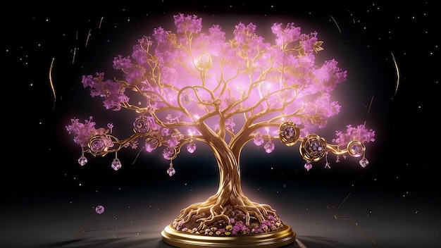 a tree with purple flowers on it is in a gold frame