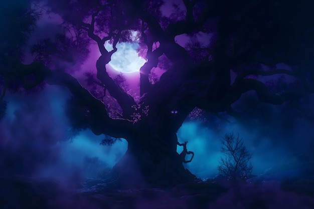 a tree with a purple moon in the background