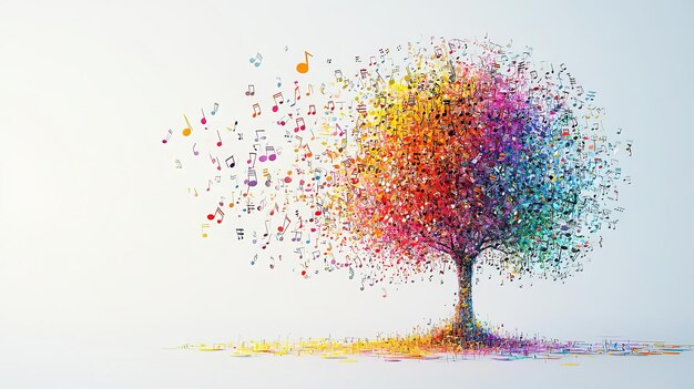 Tree with rainbow colors and music notes in abstract art