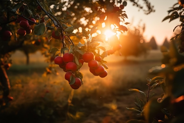 A tree with red apples on it with the sun setting behind it