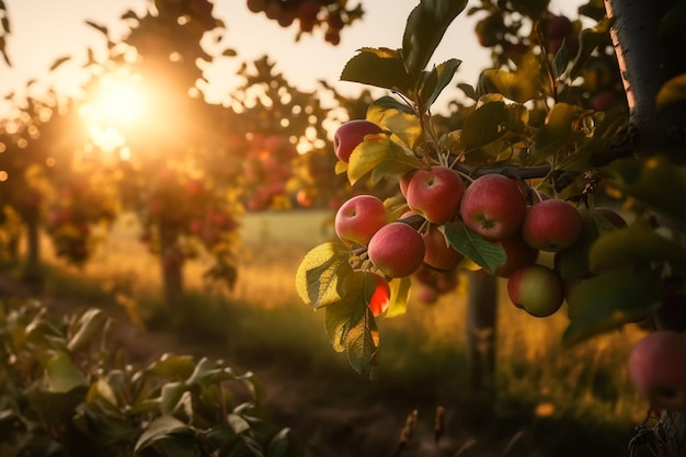 A tree with red apples on it