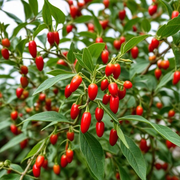 Photo a tree with red berries and green leaves with a white background