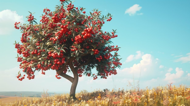 a tree with red berries on it is in a field