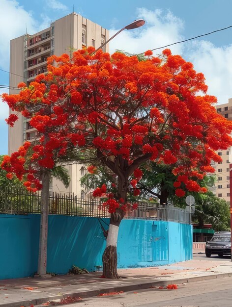 Photo a tree with red flowers and a blue fence in front of a building