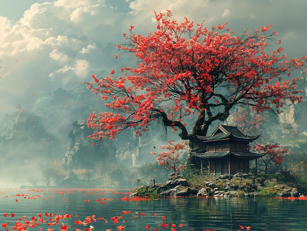 a tree with red flowers in front of a pagoda