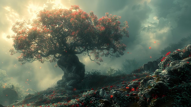 a tree with red flowers and the word  sea  on it