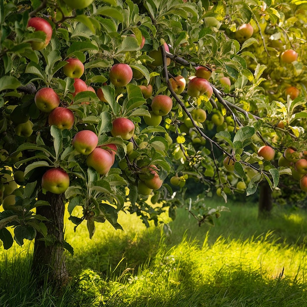 a tree with red and green apples on it