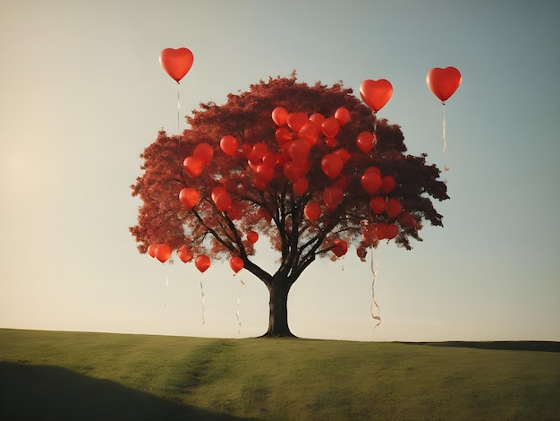 Tree with red heart shaped balloons on green meadow Valentines day concept