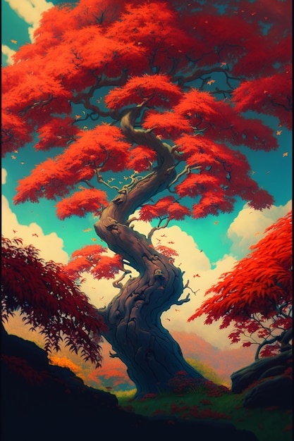 A tree with red leaves and a blue sky with clouds.