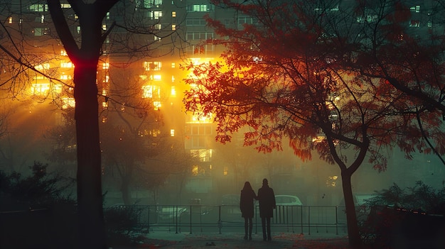 a tree with red leaves and a couple standing in the dark