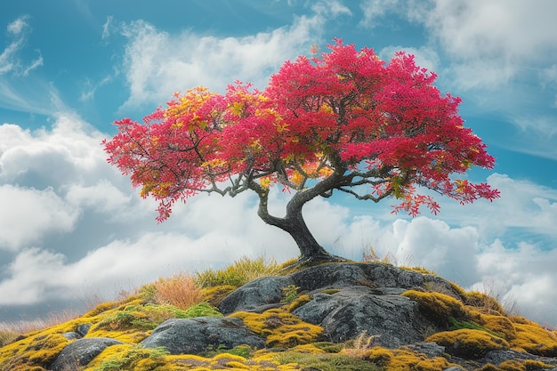 a tree with red leaves on it is on a hill