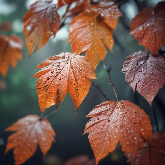 a tree with red leaves that has water on it