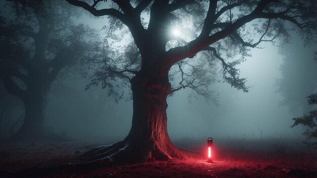 a tree with a red light in the middle of it