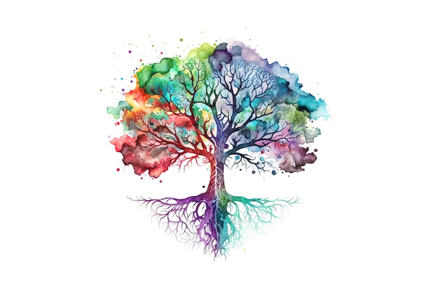 A tree with roots is drawn with watercolors isolated on a white background Generated by AI