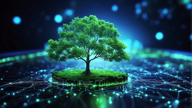 Tree with soil growing on the converging point of computer circuit board Blue light and wireframe