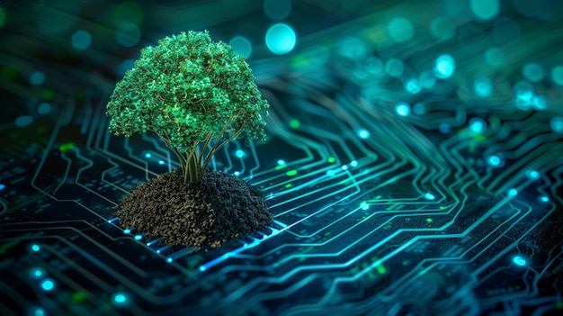 Tree with soil growing on the converging point of computer circuit board Green Technology