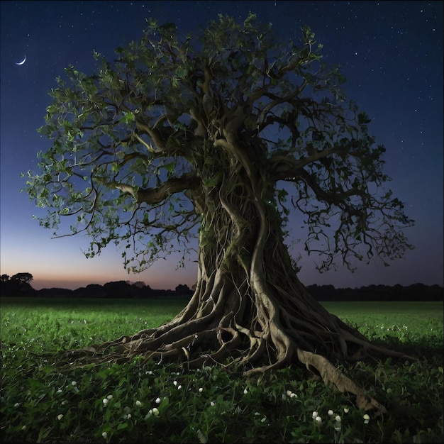 a tree with a star filled sky behind it