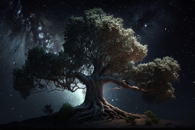 A tree with a starry sky and the moon