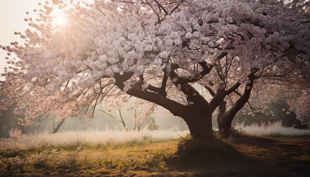 A tree with the sun shining on it