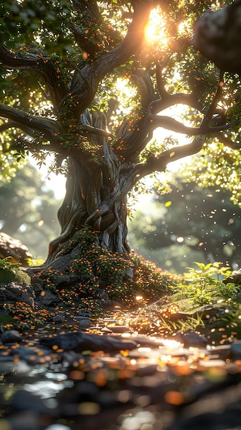 a tree with a sun shining through it and the sun shining through the leaves