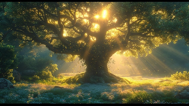 a tree with the sun shining through it