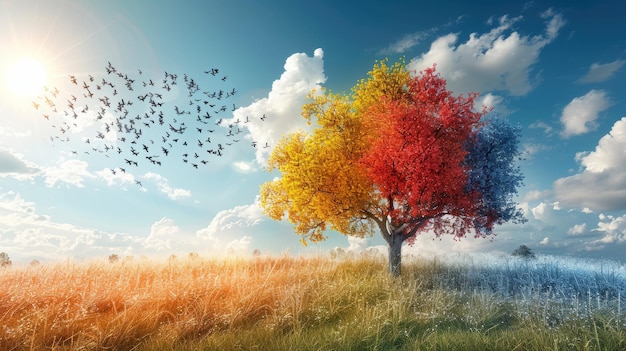 A tree with three different colored leaves and a field of grass The sky is blue with some clouds