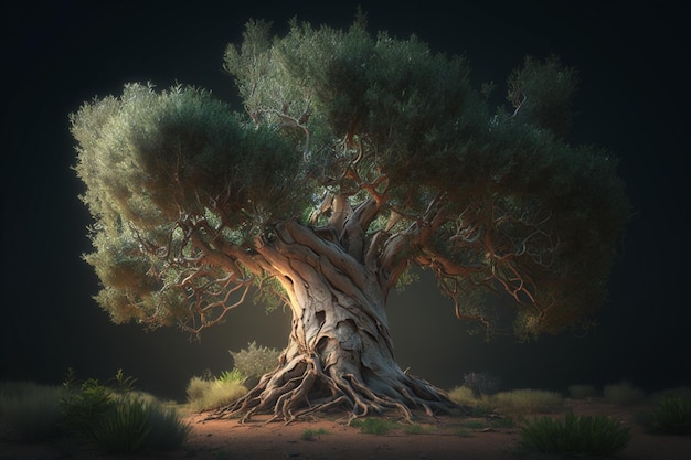 A tree with a tree trunk in the dark