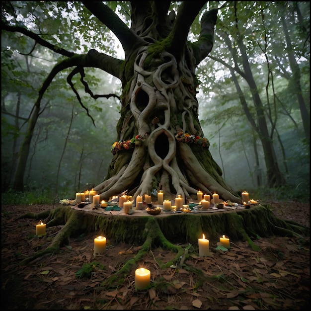 a tree with a tree with a bunch of candles around it