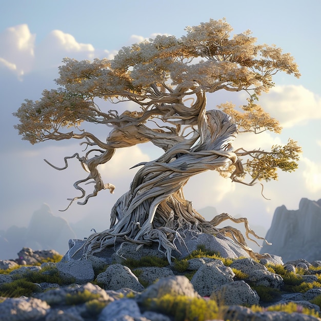 a tree with a twisted trunk is on a rocky surface